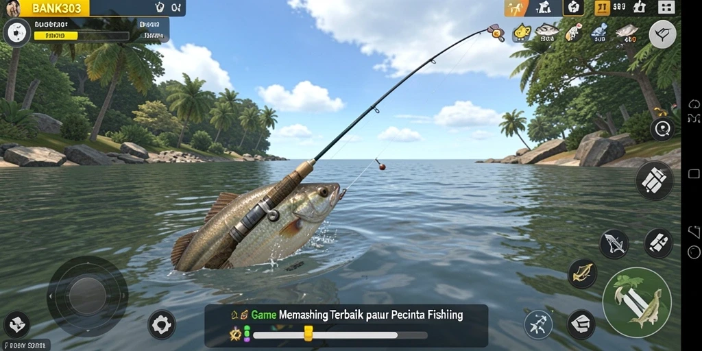 Tampak layar gameplay <strong>BANK303</strong> yang menampilkan pengalaman memancing yang mendebarkan.