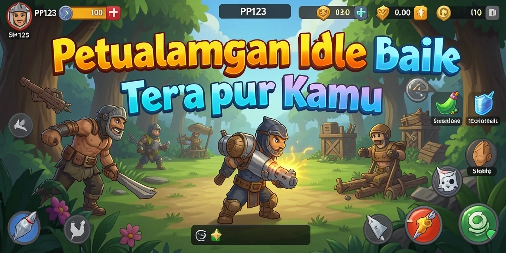 Screenshot gameplay PP123 menampilkan karakter mengumpulkan sumber daya secara otomatis.