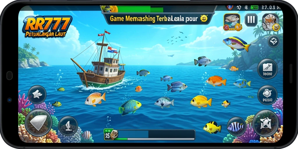 Screenshot gameplay RR777 menunjukkan keseruan dalam menangkap ikan.